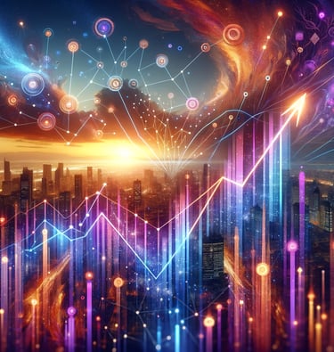 image symbolisant l'expansion de la clientèle dans le monde digital, avec des éléments abstraits qui évoquent des tendances