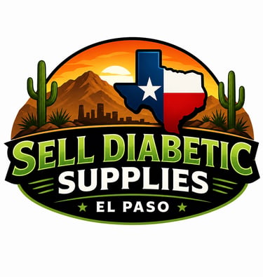 Logo for Sell Diabetic Supplies in El Paso featuring the Texas map, desert cacti, and mountain sunset.