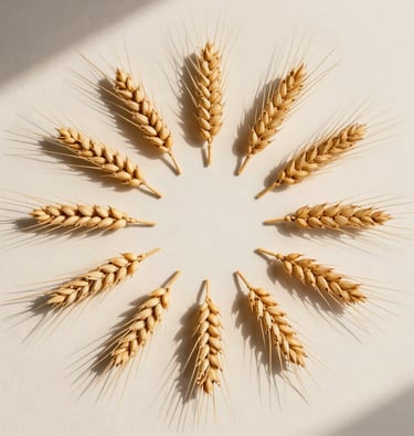 An elegant, minimalist close-up of golden wheat stalks (sanabel) arranged in a geometric Islamic star pattern, cast in warm afternoon sunlight against a clean ivory wall.