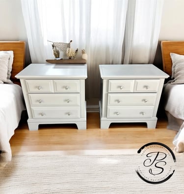 gray nightstands with nickel hardware