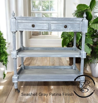 seashell gray patina bombay bar cart finish
