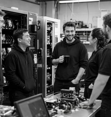 Black-and-white photo of a small team of vending and IoT technology specialists talking and smiling 