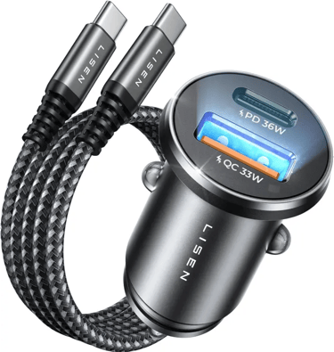 LISEN Cargador Coche Carga Rápida, 69W+60W Cable, Cargador Mechero 