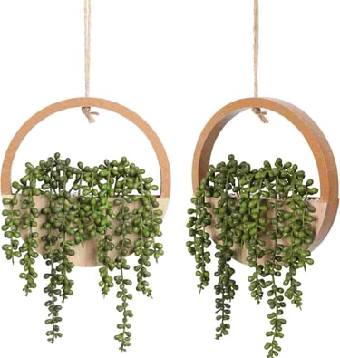 Artificial Hanging Succulent Plants – Faux String of Pearls in Pot with Lanyard for Bohemian Kitchen
