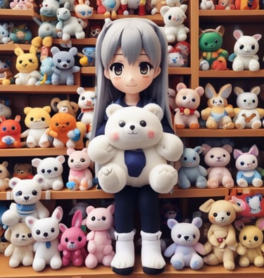 A collection of anime figurines is displayed on wooden shelves with comic-style wallpaper as a decorative background. Various action figures are posed, featuring vibrant colors and iconic character designs. The setting appears to be a themed cafe or restaurant, with additional seating and hanging lights in the background.