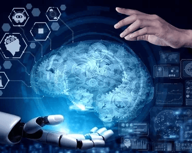 a robot hand holding a robot hand with a blue background