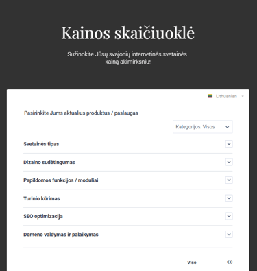 Interneto svetainės kūrimo kainos skaičiuoklė, leidžianti akimirksniu sužinoti projekto kainą