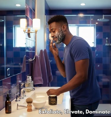 a man shaving his face in a bathroom using Back2naturalness sugar scrub to exfoliate his skin first.