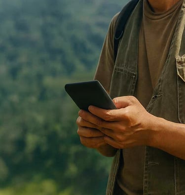 a conservation steward filling in a report of a wildlife crime on the field app on his mobile phone