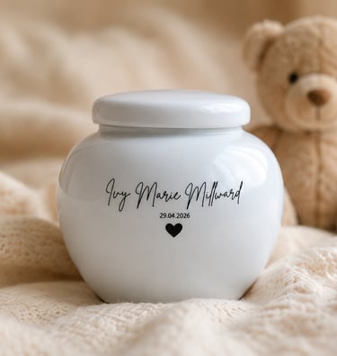 Luxury small baby urn for ashes in white ceramic personalised with name and date
