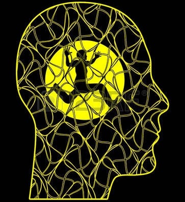 Tête humaine artificielle quadrillée jaune bonhomme qui court dedans symbolique de crise de panique