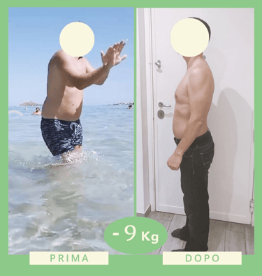 "Trasformazione fisica prima e dopo il percorso nutrizionale con perdita di 9 kg"