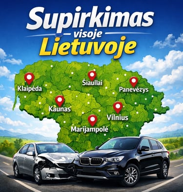 Automobilių supirkimas visoje Lietuvoje – žemėlapis su miestais Vilnius, Kaunas, Klaipėda, Šiauliai 