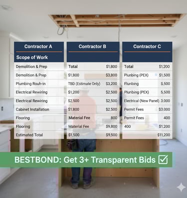 Comparable contractor quote summary table provided by Bestbond showing transparent pricing and project scopes 