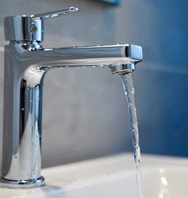 Detailed macro photography of a modern, sleek chrome water faucet with perfect, clear water droplets cascading down. The reflection shows a soft, premium bathroom interior in slate grey and deep water-blue tones. High-end, pristine quality, Central European / Germany.