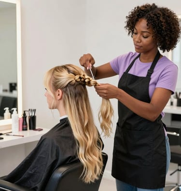 Close-up of a stylist gently braiding lush afro hair in a warm, elegant salon setting.