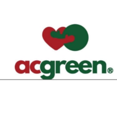 Official AC Green logo featuring a red heart and green circle icon above red and green text.