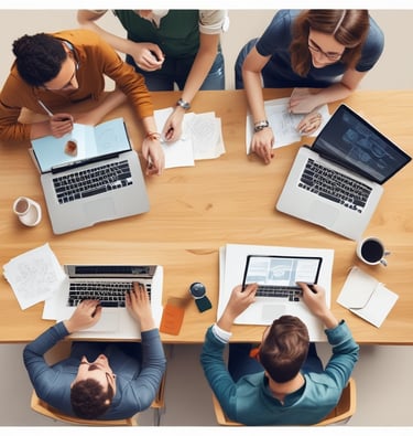 A modern workspace with digital tools and a laptop displaying charts.