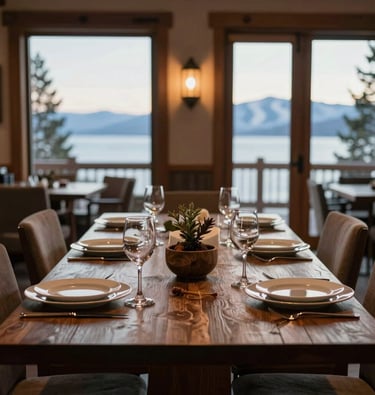 An inviting, beautifully arranged dining table in a cozy, high-end mountain lodge in South Lake Tahoe, California. Premium glassware, clean plates, and tasteful rustic centerpieces are set perfectly for the arrival of new vacation guests.