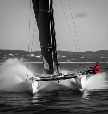 a man in a red jacket is riding a sailboat