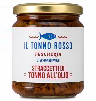 Barattolo di straccetti di tonno rosso all'olio del marchio Il Tonno Rosso Pescheria di Scrofano Paolo