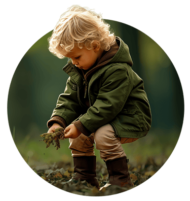 A toddler boy playing in the woods