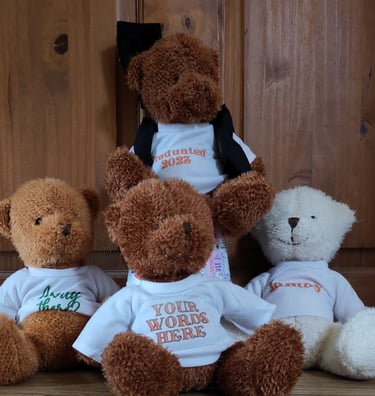 a group of teddy bears sitting on a wooden floor