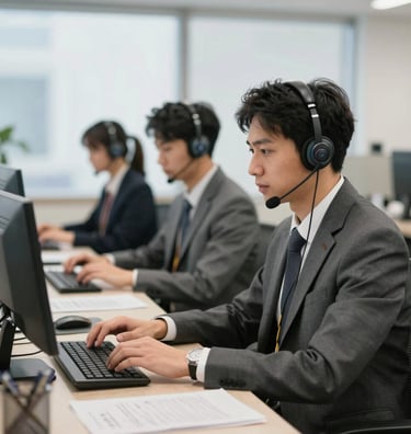 A professional remote support agent engaging with a customer via headset in a modern office.
