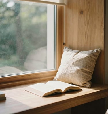 Warm editorial photography of a sun-drenched reading nook in a modern minimalist apartment, warm oak wood, linen textiles, soft morning window light, shallow depth of field, 35mm film