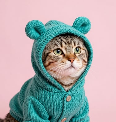 gato gris de ojos verdes  con sueter azul y fondo morado