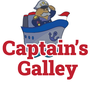 Captain’s Galley logo featuring red and white type and a cartoon captain on a ship