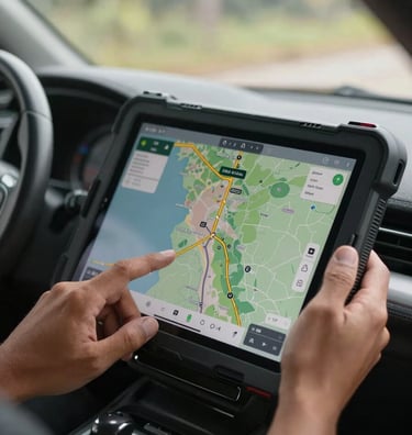Close-up of hands operating a ruggedized tablet showing a live GPS route map with multiple waypoints across Colombian territory, data overlays visible, natural daylight through a cab window, dashboard edge in foreground, no faces visible