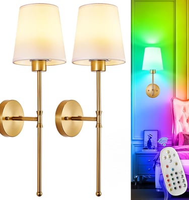 Set of two gold wall sconces with remote control RGB color changing LED bulbs for bedroom lighting.