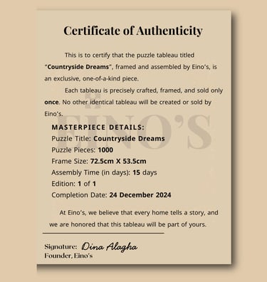 Certificate of Authenticity beside a luxury handcrafted artwork, emphasizing originality.