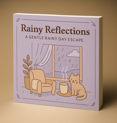 Rainy Reflections cozy coloring book with purple cover showing a cat, armchair, and rainy window sce