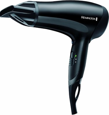 Professional Remington black hair dryer with concentrator nozzle for precision styling and eco settings.