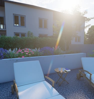 a patio with two lounge chairs and a hat on