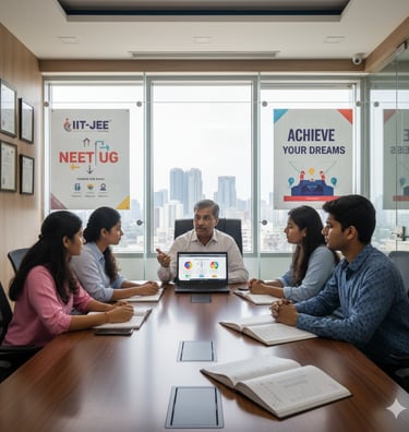 Professional Indian faculty director meeting with students in a modern coaching institute office wit
