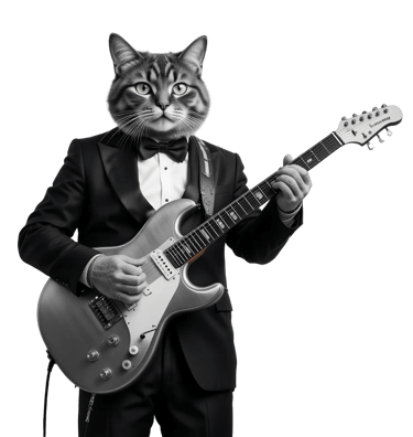 Katt i kostym spelar elgitarr som symbol för samarbete