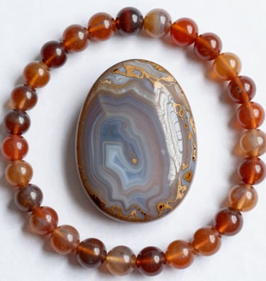 Polished agate bead bracelet encircling a raw septarian nodule gemstone on a black surface.