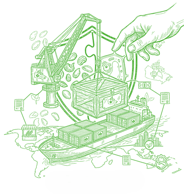 Green line art illustration of a cargo ship loading Canadian goods for global export logistics.