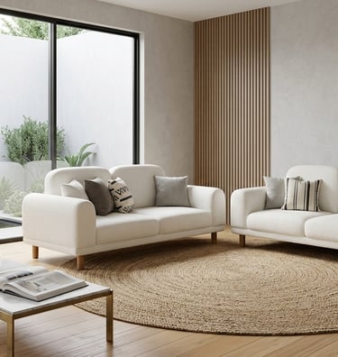 Modern living room with white sofas, a round jute rug, and a marble coffee table in a minimalist style.