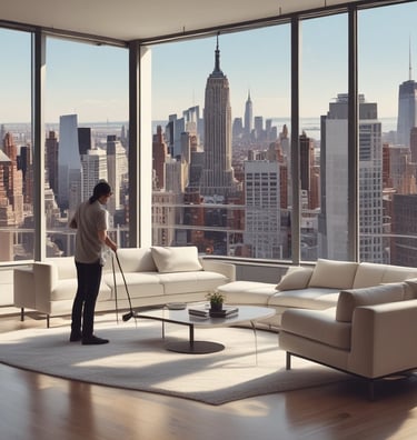 A cozy, spotless living room with sunlight streaming through large windows.