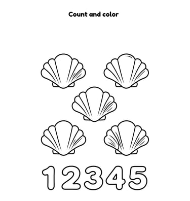Educational count and color worksheet featuring five seashell line drawings and numbers 1 to 5 for kids.