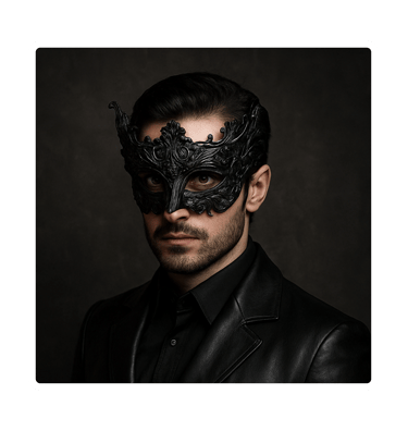 man with dark hair and beard, wearing a black leather suit and a black masquerade mask