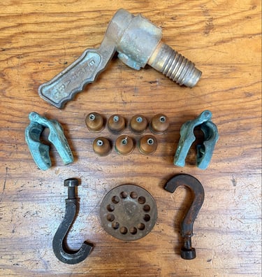 Various objects on the workbench of an assemblage artist, image 1.