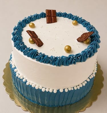 pastel con decoraciones de betun blanco con azul y unas pequeñas perlas doradas y chocolate