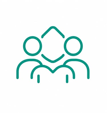 Minimalist teal community icon featuring three stylized people symbols for teamwork and collaboration.