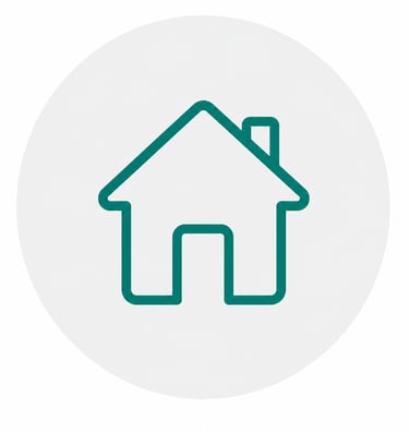Minimalist green home icon with a chimney inside a light grey circle for real estate website navigation.