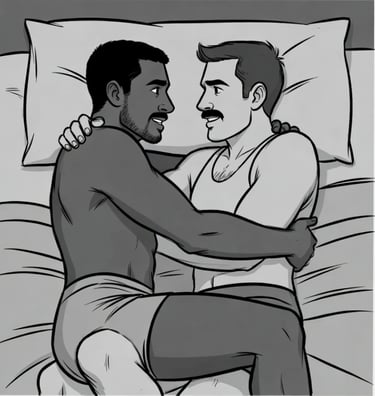 2 males in bed with arms across each other